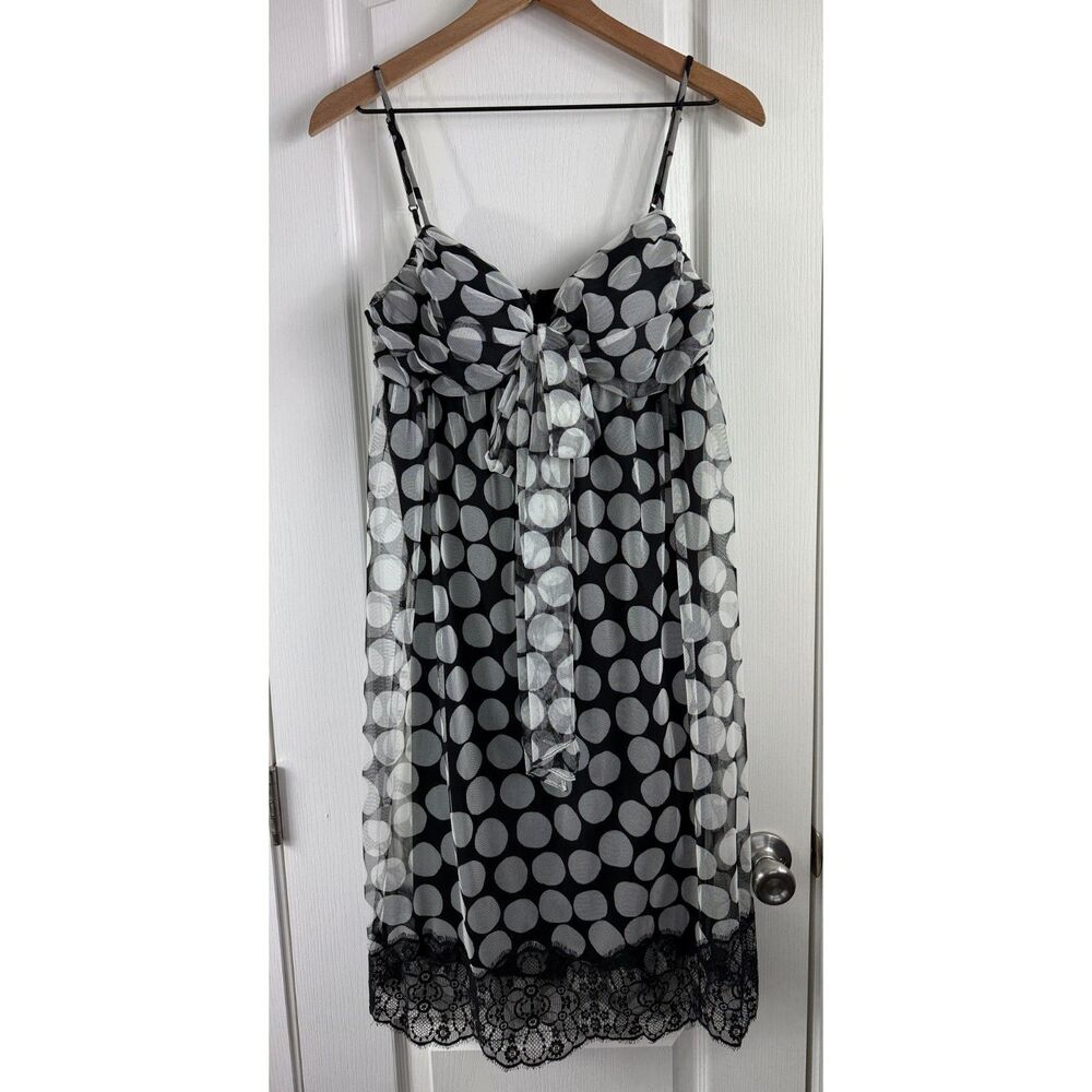 Suzi Chin Womens 8 Black White Polka Dot Lace Trim Chiffon Dress